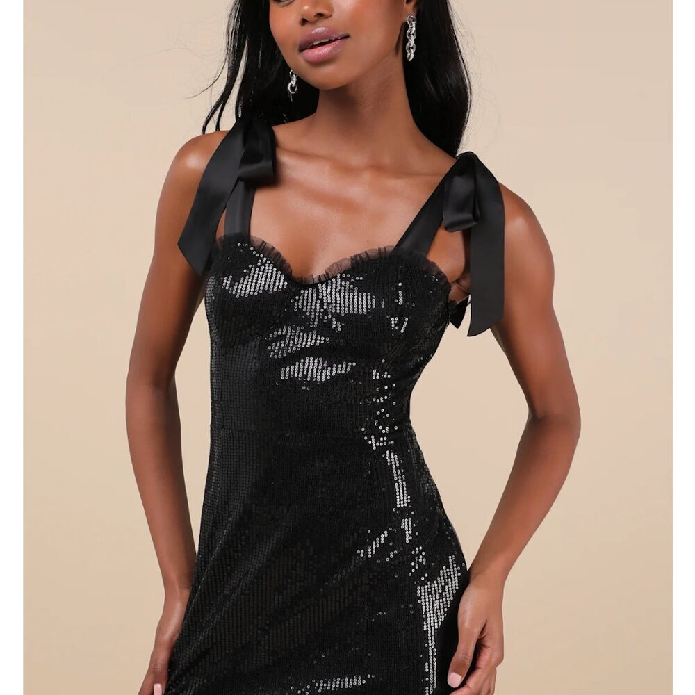 Lulus Glowing Intentions Black Sequin Bustier Tie-strap Mini Dress - Size S - Picture 3 of 4